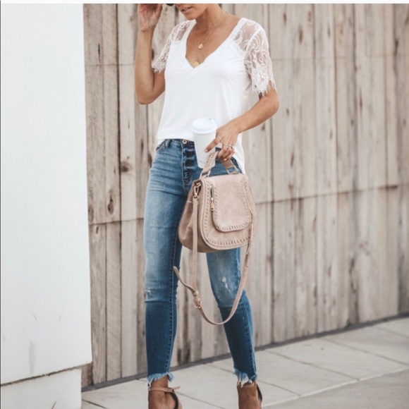 NWT Eyelash Lace Sleeves White V-neck Tee T-Shirt - Picture 7 of 8